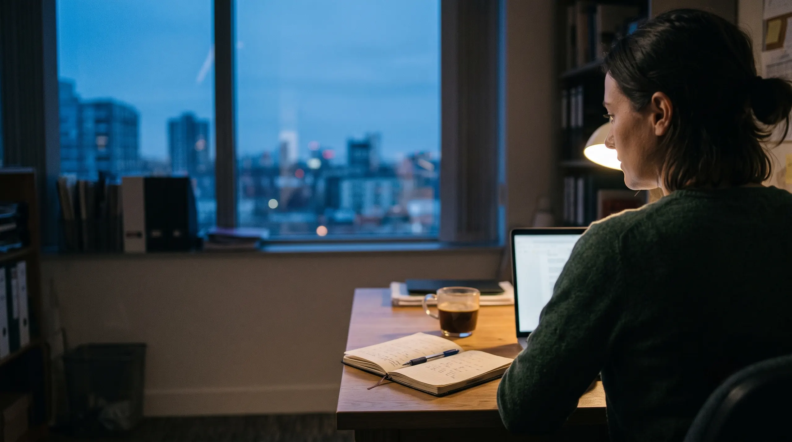 A person alone at a desk at dusk, seen from behind, reading something on a laptop. A notebook and a cup of coffee on the desk, city lights through the window.